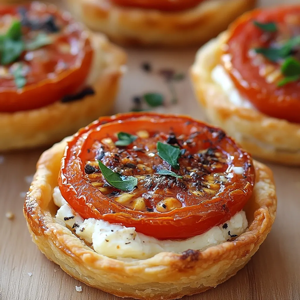 Tartelettes individuelles à la pâte feuilletée garnies de chorizo, tomates fraîches et fromage de chèvre fondu