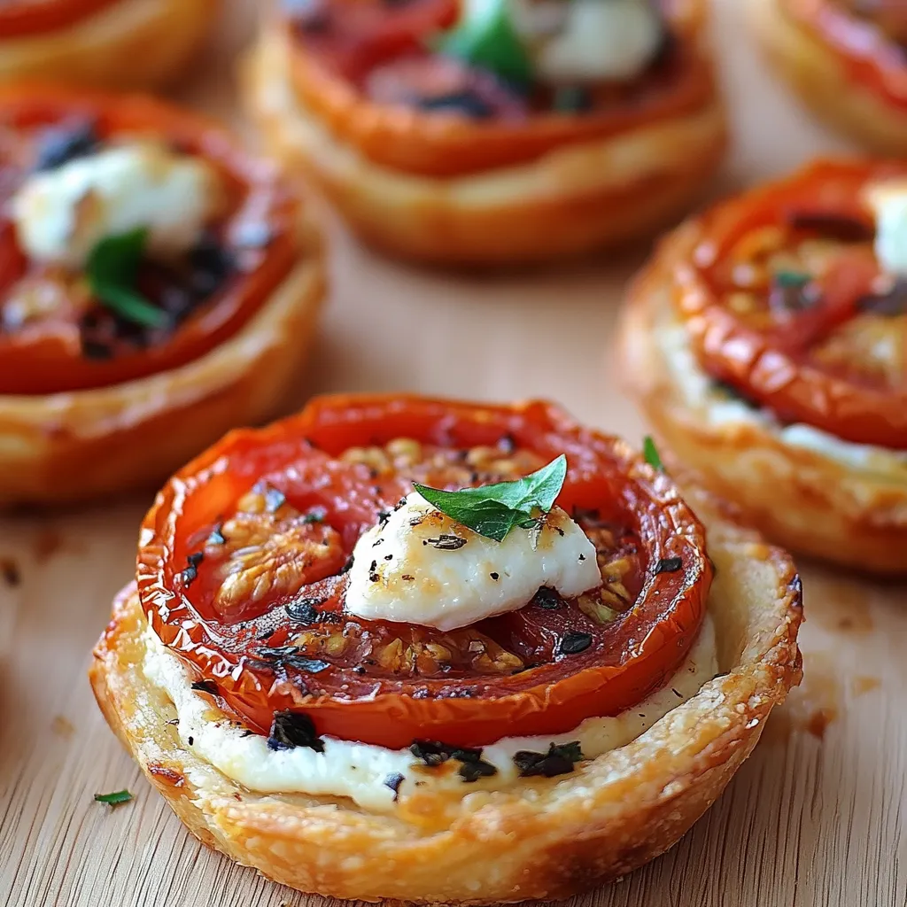 Tartelettes individuelles à la pâte feuilletée garnies de chorizo, tomates fraîches et fromage de chèvre fondu