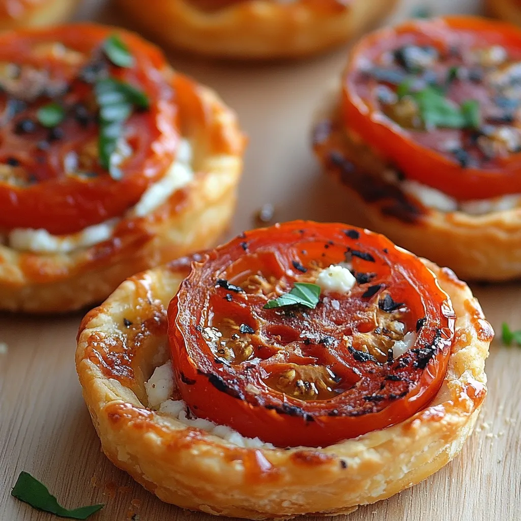 Tartelettes individuelles à la pâte feuilletée garnies de chorizo, tomates fraîches et fromage de chèvre fondu