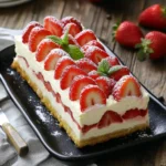 Terrine de boudoirs aux fraises joliment dressée sur un plat blanc avec décorations de fraises fraîches et menthe
