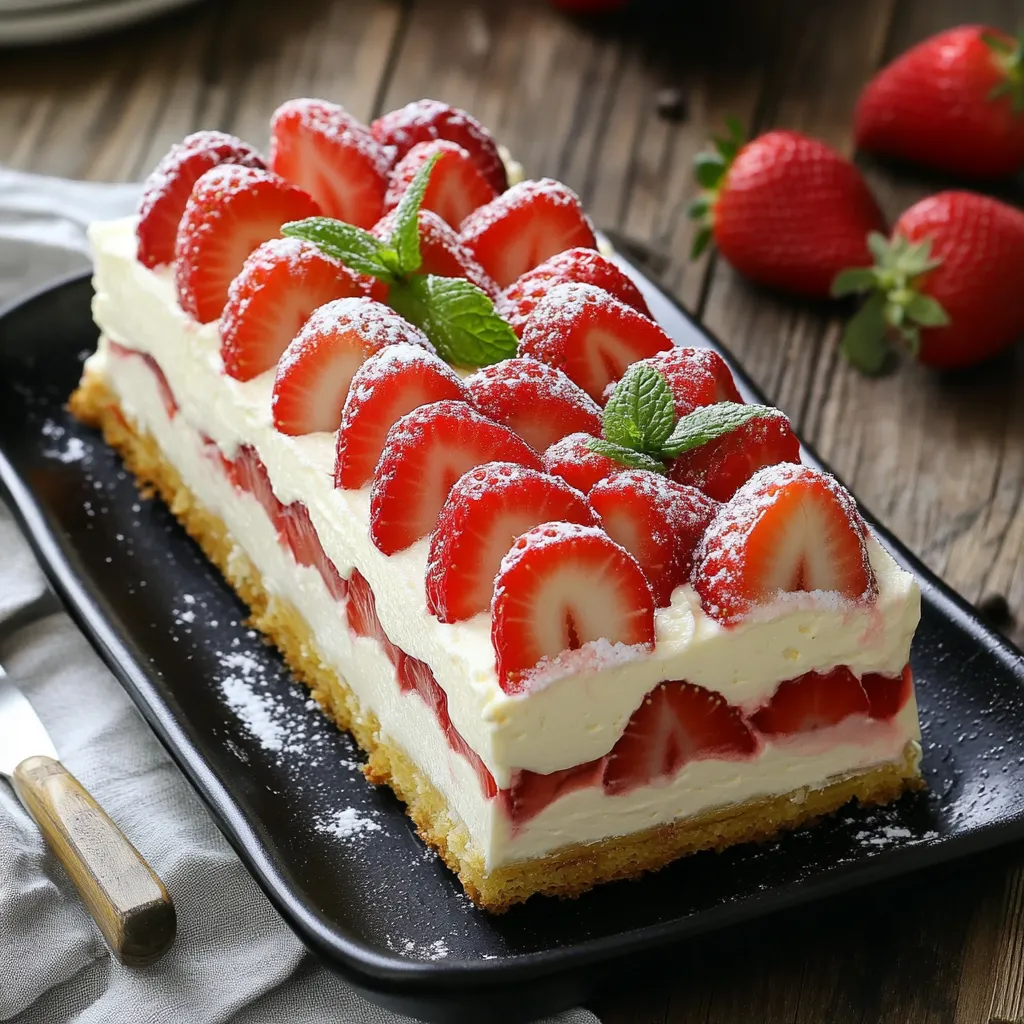 Terrine de boudoirs aux fraises joliment dressée sur un plat blanc avec décorations de fraises fraîches et menthe