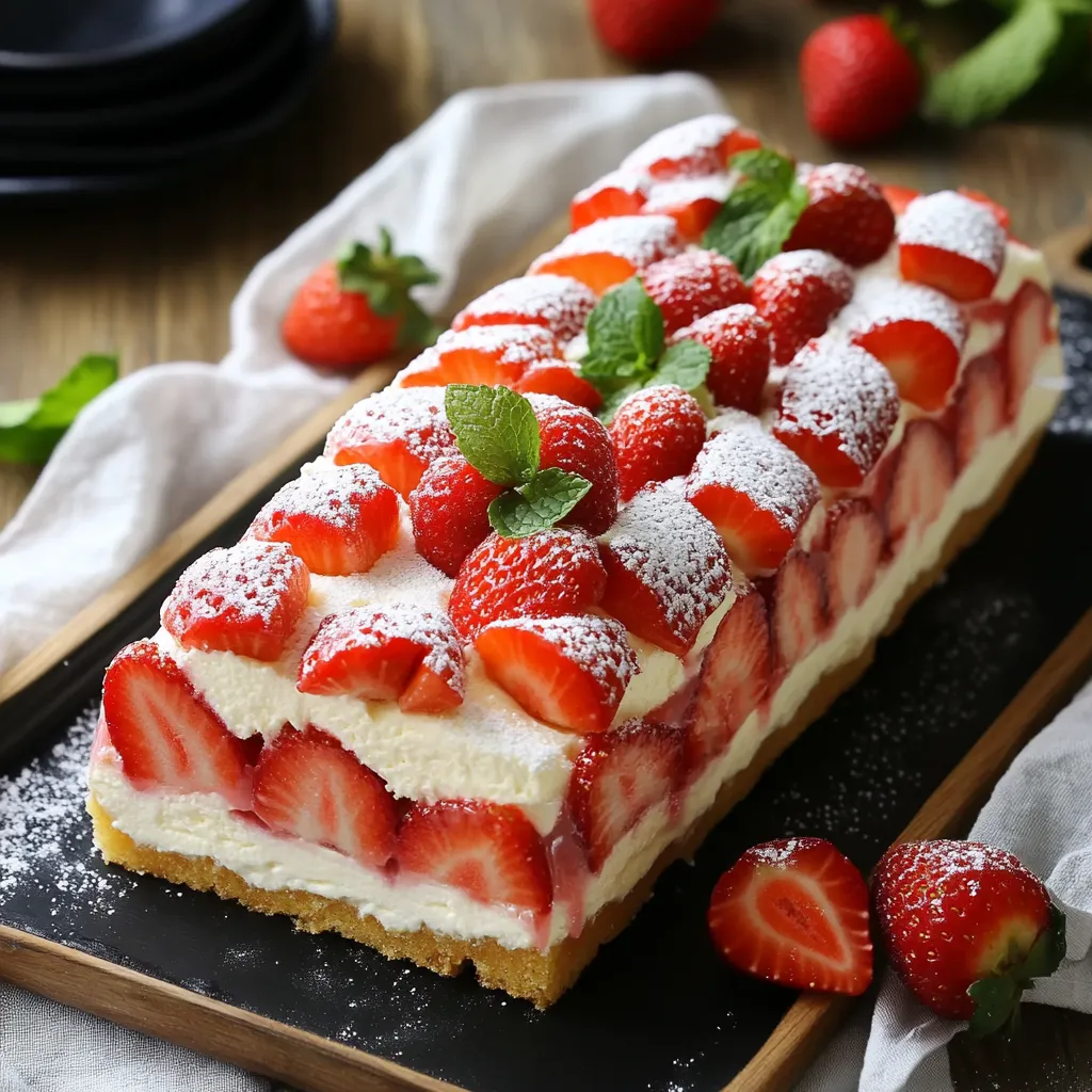 Terrine de boudoirs aux fraises joliment dressée sur un plat blanc avec décorations de fraises fraîches et menthe