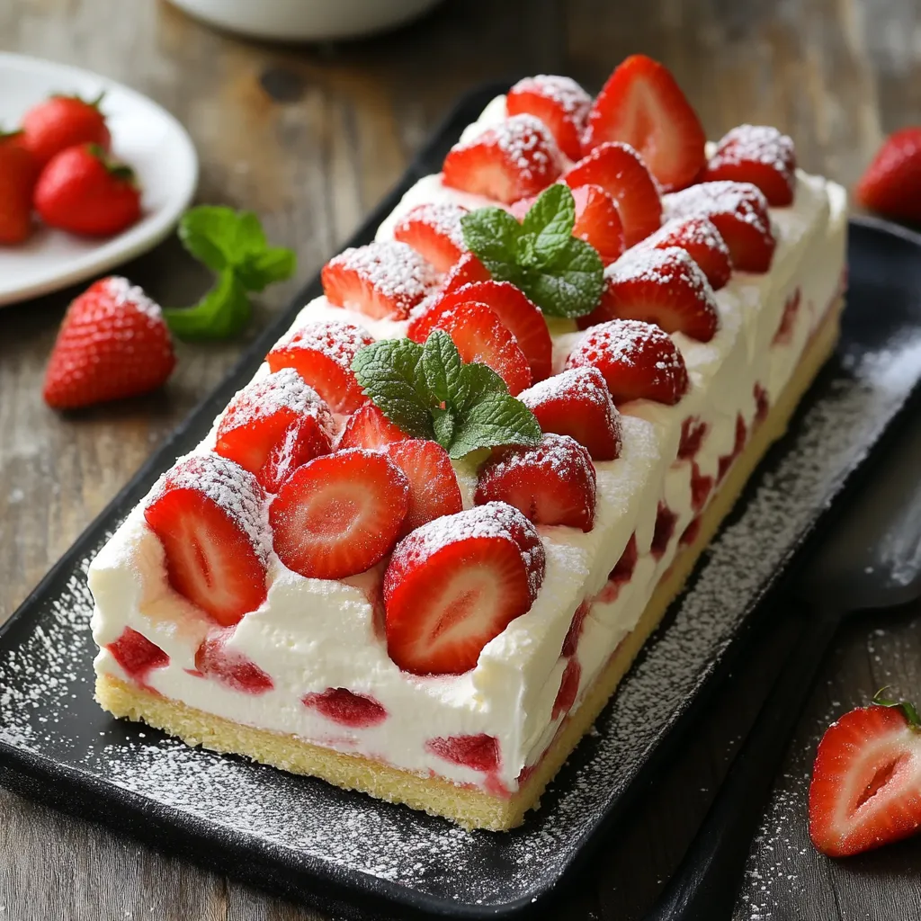 Terrine de boudoirs aux fraises joliment dressée sur un plat blanc avec décorations de fraises fraîches et menthe