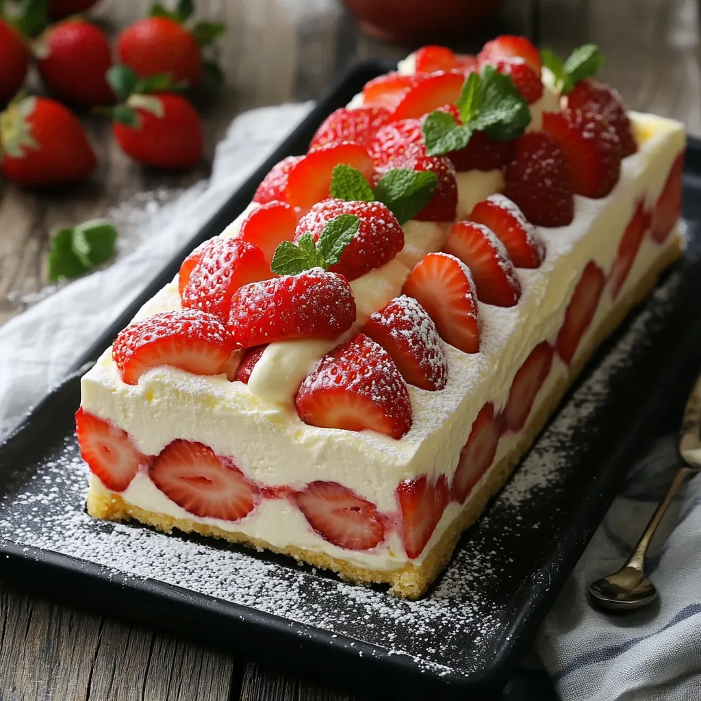 Terrine de boudoirs aux fraises joliment dressée sur un plat blanc avec décorations de fraises fraîches et menthe