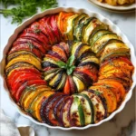 Tian de légumes coloré à base de courgettes, tomates et aubergines présenté dans un plat à gratin.