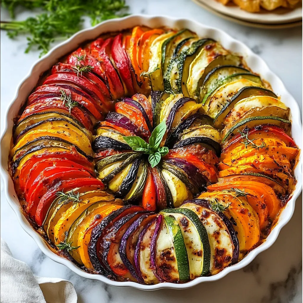 Tian de légumes coloré à base de courgettes, tomates et aubergines présenté dans un plat à gratin.