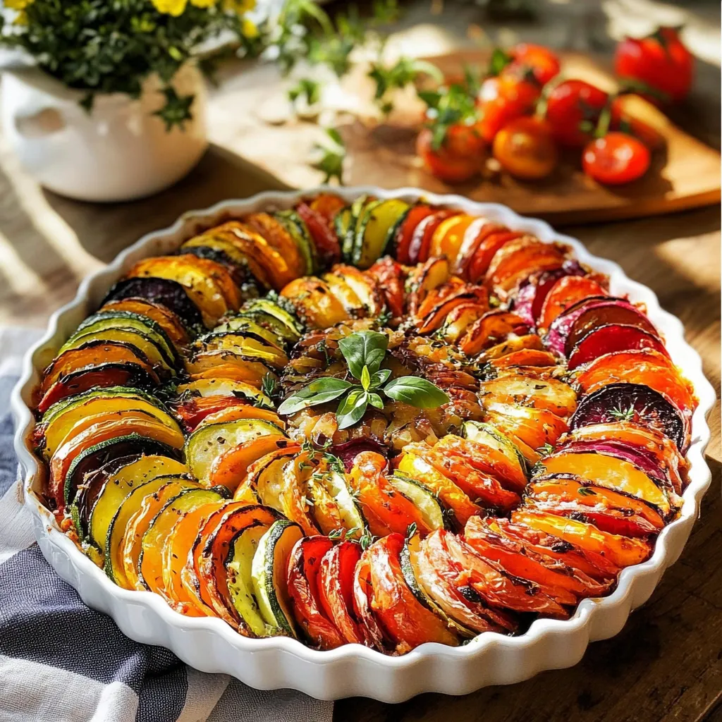 Tian de légumes coloré à base de courgettes, tomates et aubergines présenté dans un plat à gratin.