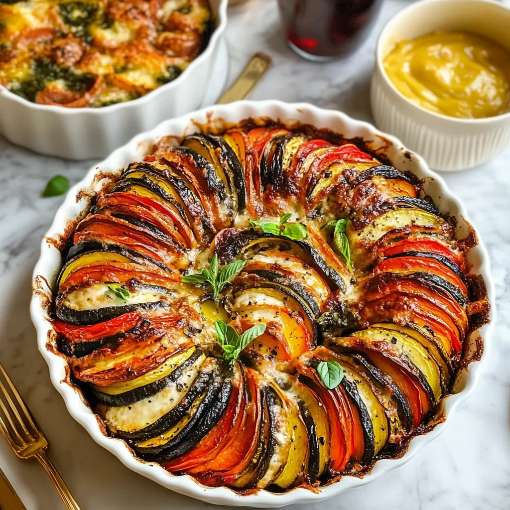 Tian de légumes coloré à base de courgettes, tomates et aubergines présenté dans un plat à gratin.