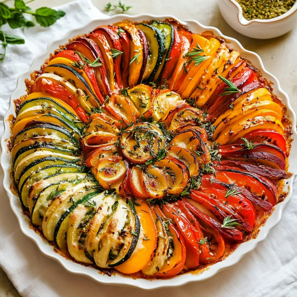 Tian de légumes coloré à base de courgettes, tomates et aubergines présenté dans un plat à gratin.