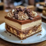Tiramisu Kinder Bueno présenté en verrines, décoré de cacao et morceaux de Kinder