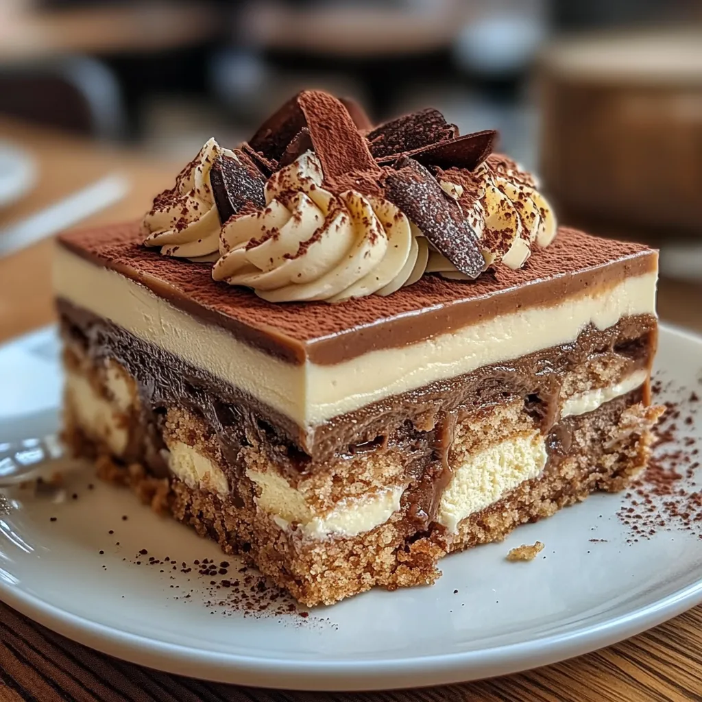 Tiramisu Kinder Bueno présenté en verrines, décoré de cacao et morceaux de Kinder
