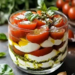 Tiramisu salé en verrine avec tomates, mozzarella, pesto et basilic frais