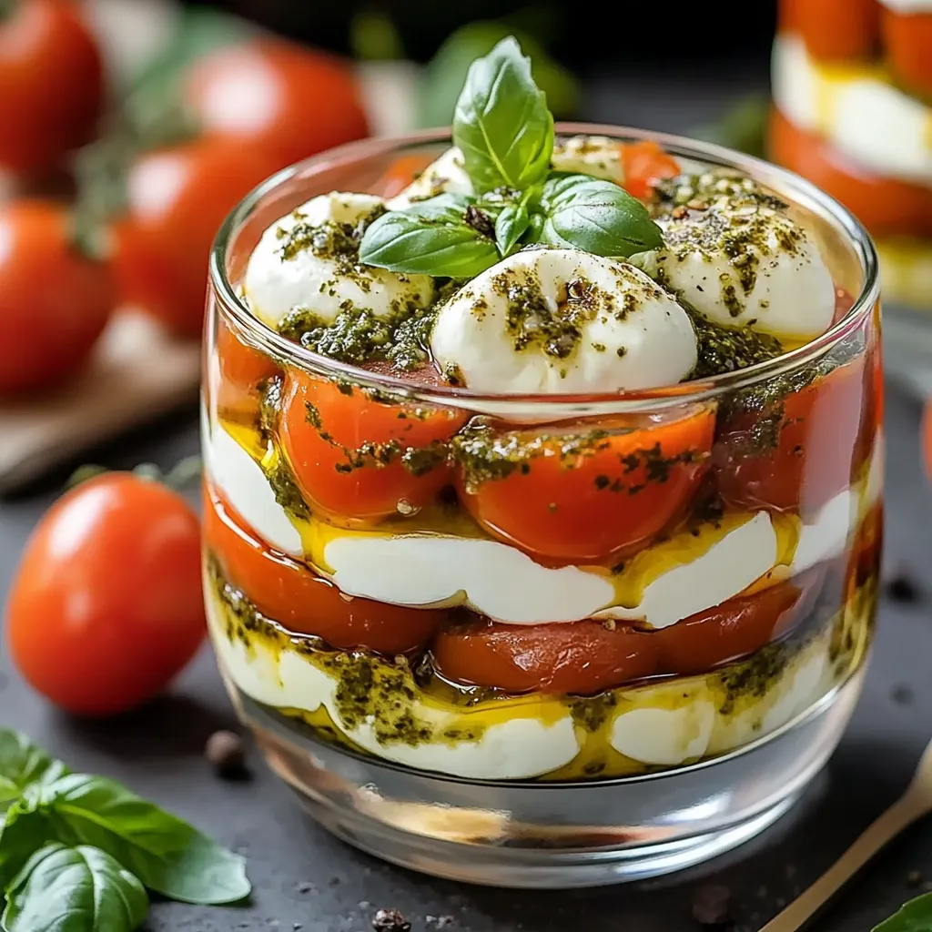 Tiramisu salé en verrine avec tomates, mozzarella, pesto et basilic frais
