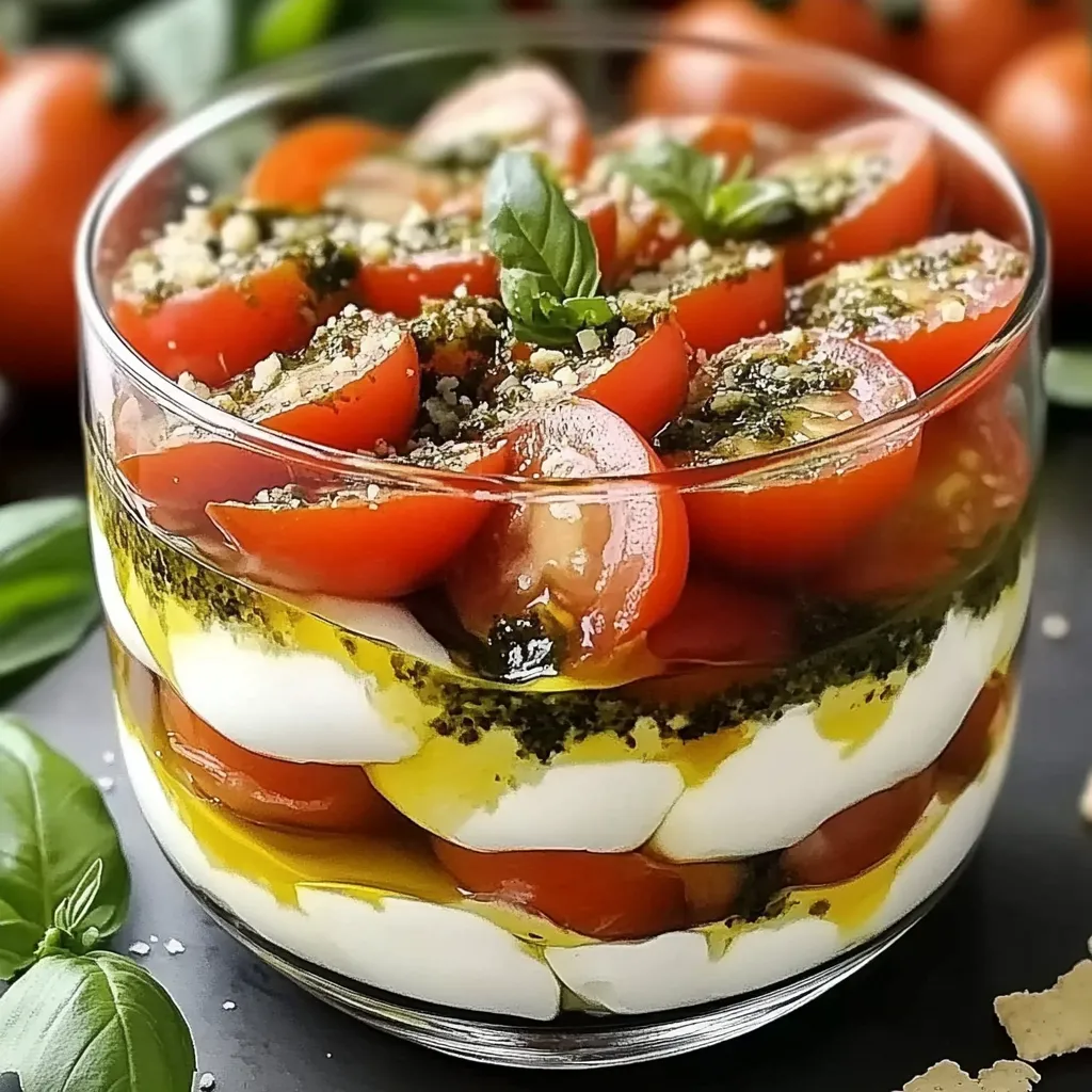 Tiramisu salé en verrine avec tomates, mozzarella, pesto et basilic frais