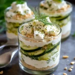 Tiramisu salé aux courgettes, feta et citron vert en verrine, dressé avec aneth
