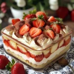 Tiramisu aux fraises maison dans un plat en verre, garni de cacao et de tranches de fraises