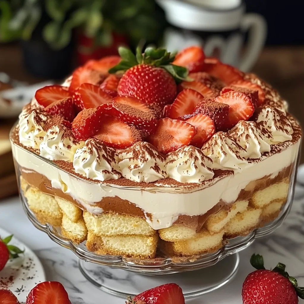 Tiramisu aux fraises maison dans un plat en verre, garni de cacao et de tranches de fraises