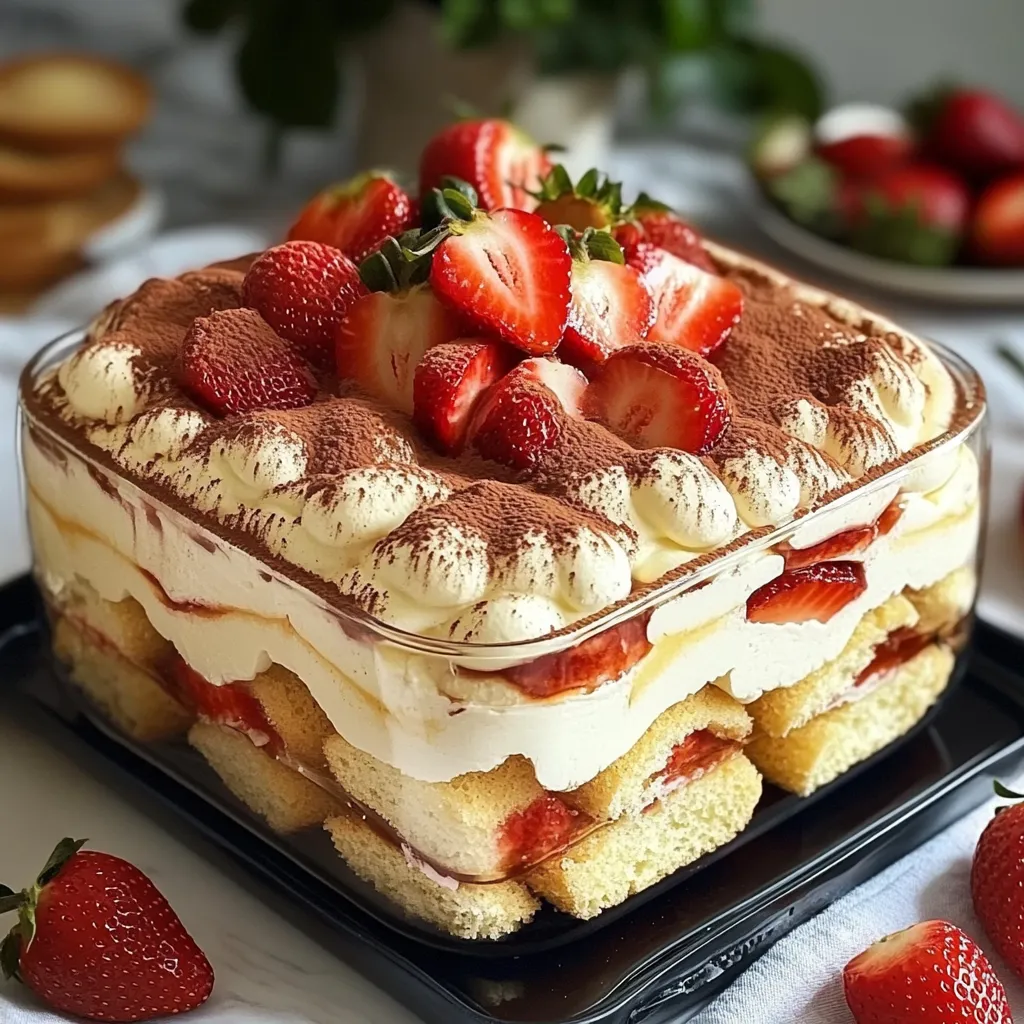 Tiramisu aux fraises maison dans un plat en verre, garni de cacao et de tranches de fraises