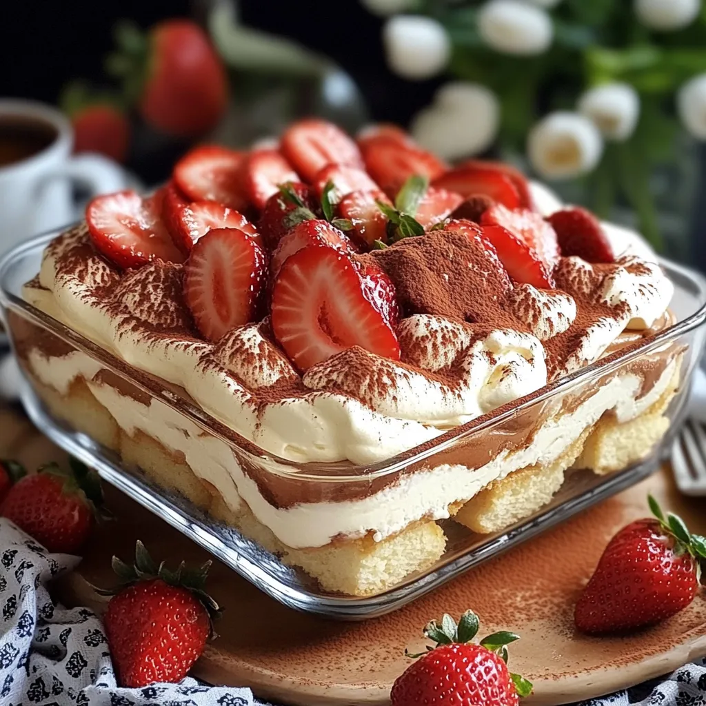 Tiramisu aux fraises maison dans un plat en verre, garni de cacao et de tranches de fraises