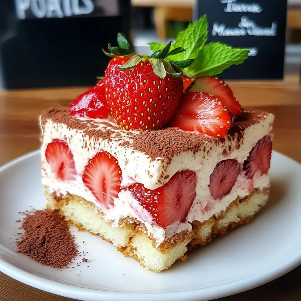 Tiramisu aux fraises servi dans un plat, décoré de fraises fraîches et de feuilles de menthe