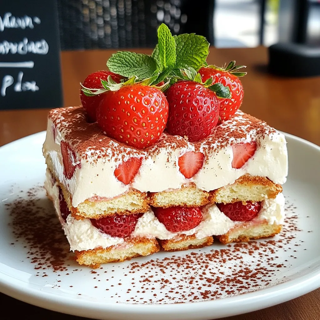 Tiramisu aux fraises servi dans un plat, décoré de fraises fraîches et de feuilles de menthe