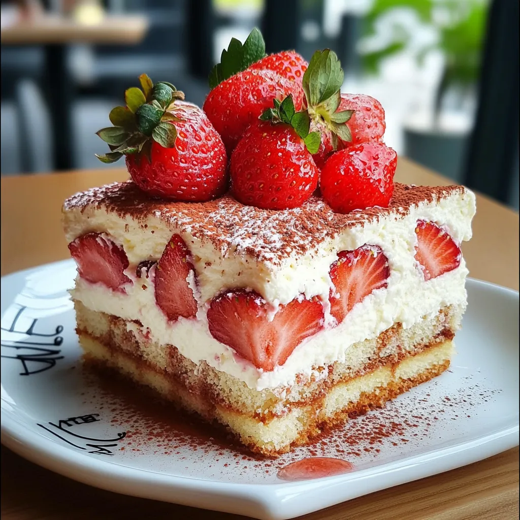 Tiramisu aux fraises servi dans un plat, décoré de fraises fraîches et de feuilles de menthe