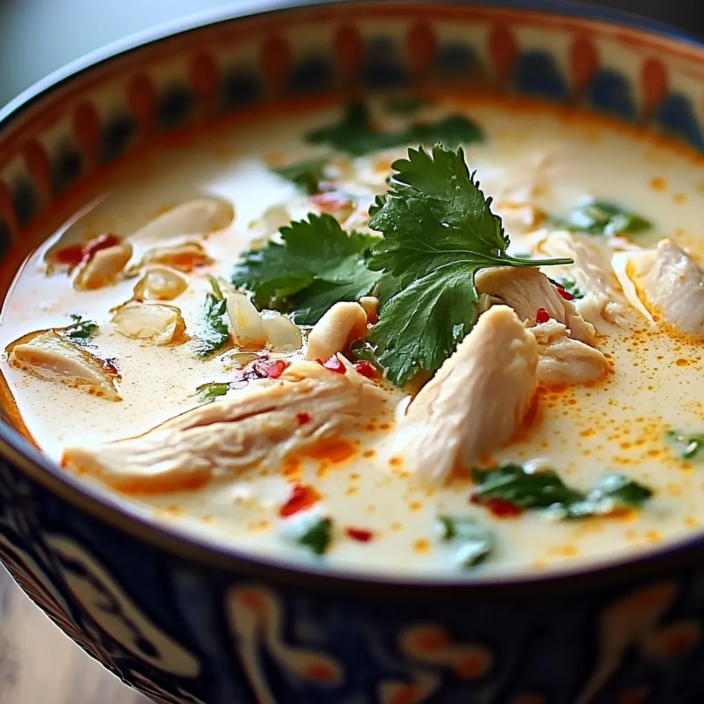 Bol de velouté thaï au poulet et lait de coco décoré de coriandre fraîche

