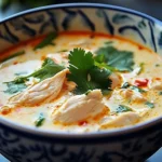 Bol de velouté thaï au poulet et lait de coco décoré de coriandre fraîche