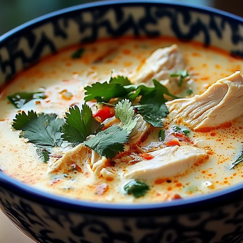 Bol de velouté thaï au poulet et lait de coco décoré de coriandre fraîche

