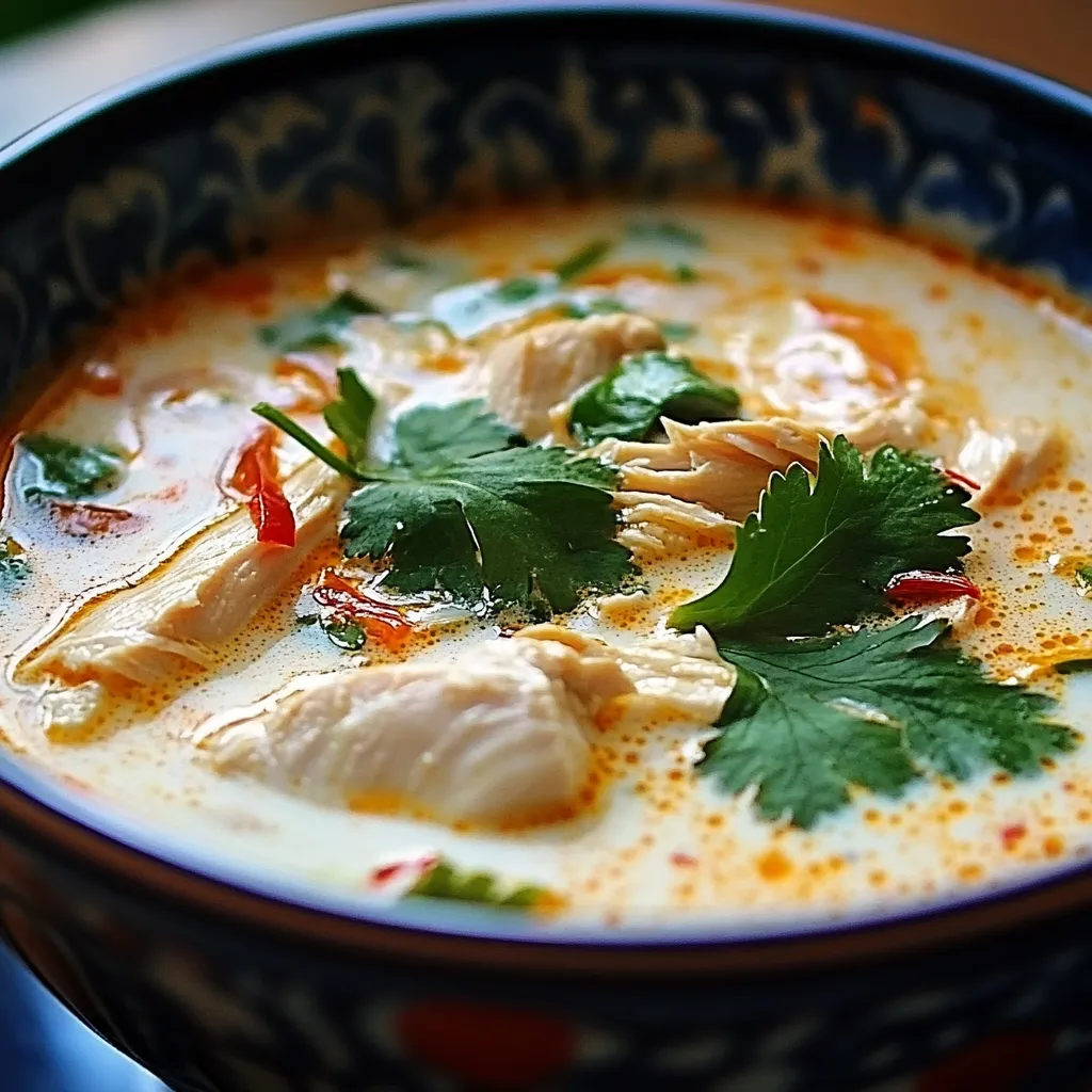 Bol de velouté thaï au poulet et lait de coco décoré de coriandre fraîche

