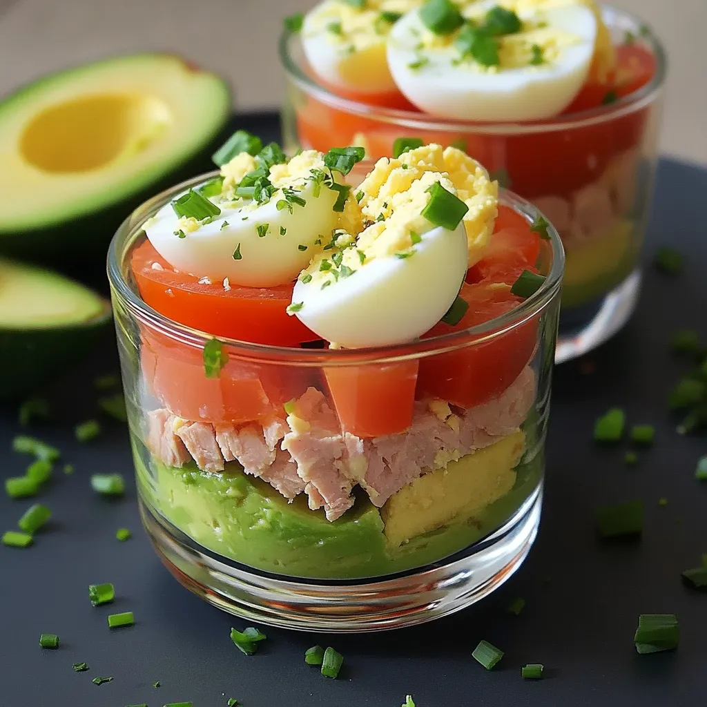 Verrines avocat thon tomates et œuf en couches dans un verre transparent