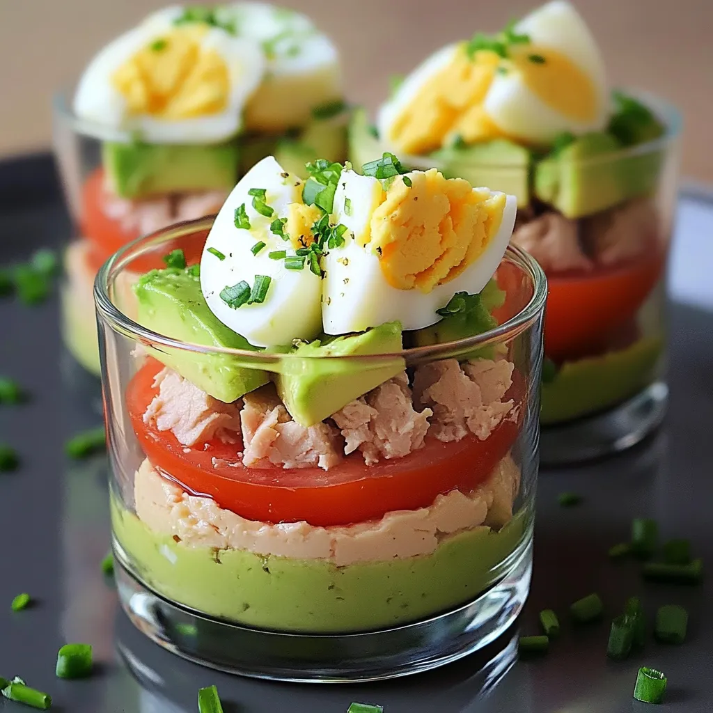 Verrines avocat thon tomates et œuf en couches dans un verre transparent