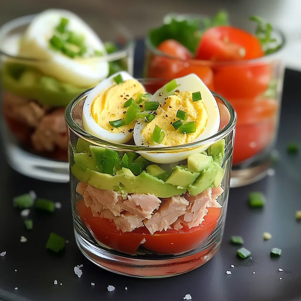 Verrines avocat thon tomates et œuf en couches dans un verre transparent