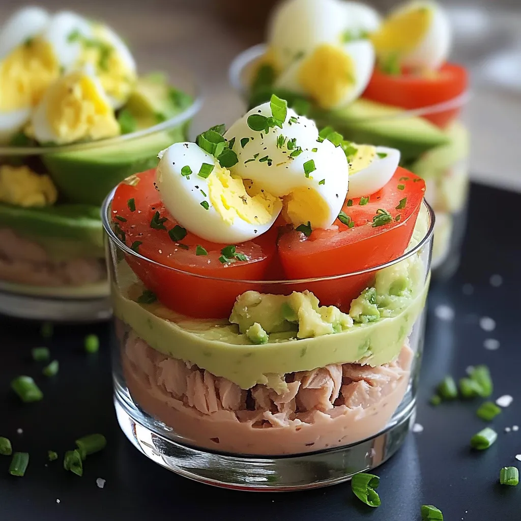 Verrines avocat thon tomates et œuf en couches dans un verre transparent