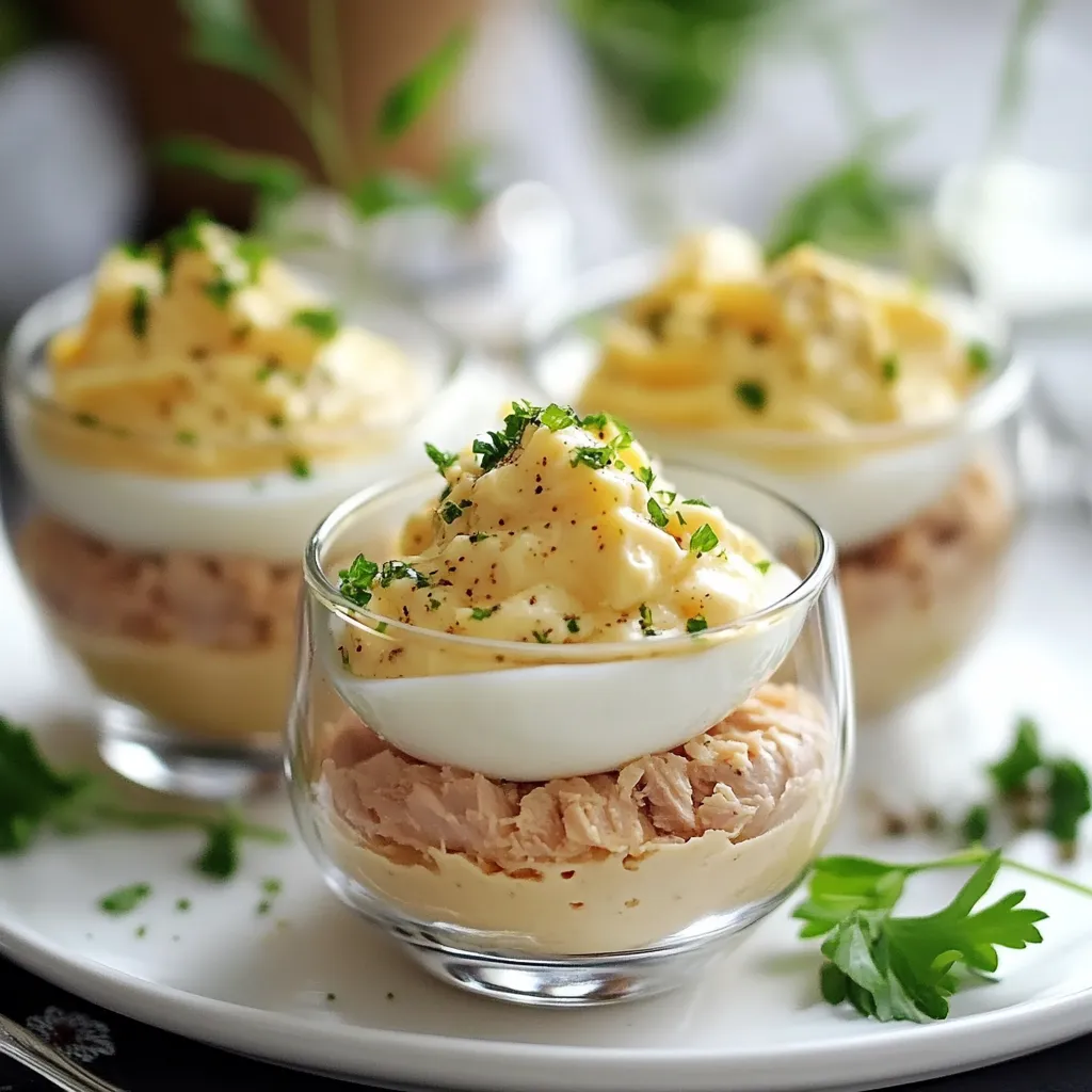 Verrines fraîches au thon, œufs mimosa et mayonnaise servies en verre transparent
