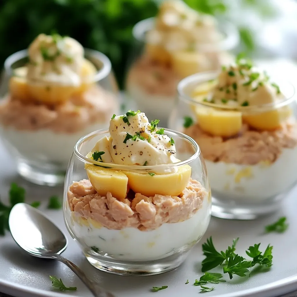 Verrines fraîches au thon, œufs mimosa et mayonnaise servies en verre transparent