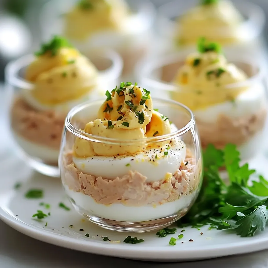 Verrines fraîches au thon, œufs mimosa et mayonnaise servies en verre transparent
