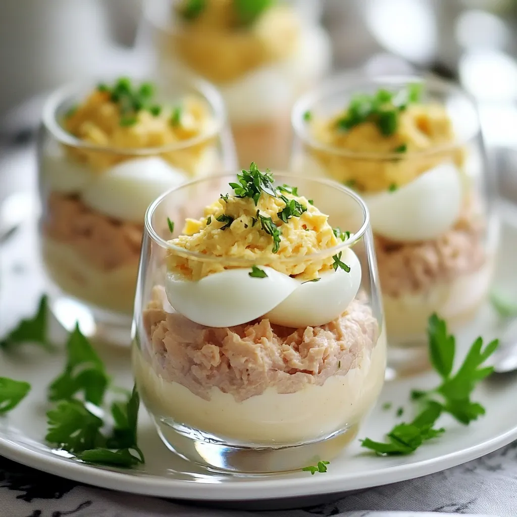 Verrines fraîches au thon, œufs mimosa et mayonnaise servies en verre transparent