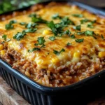 Gratin mexicain doré au riz, légumes et viande hachée dans un plat à gratin