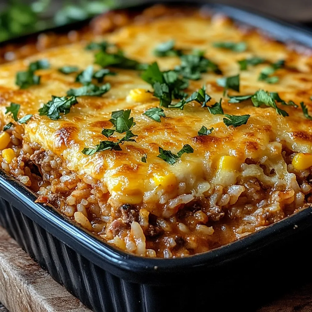 Gratin mexicain doré au riz, légumes et viande hachée dans un plat à gratin