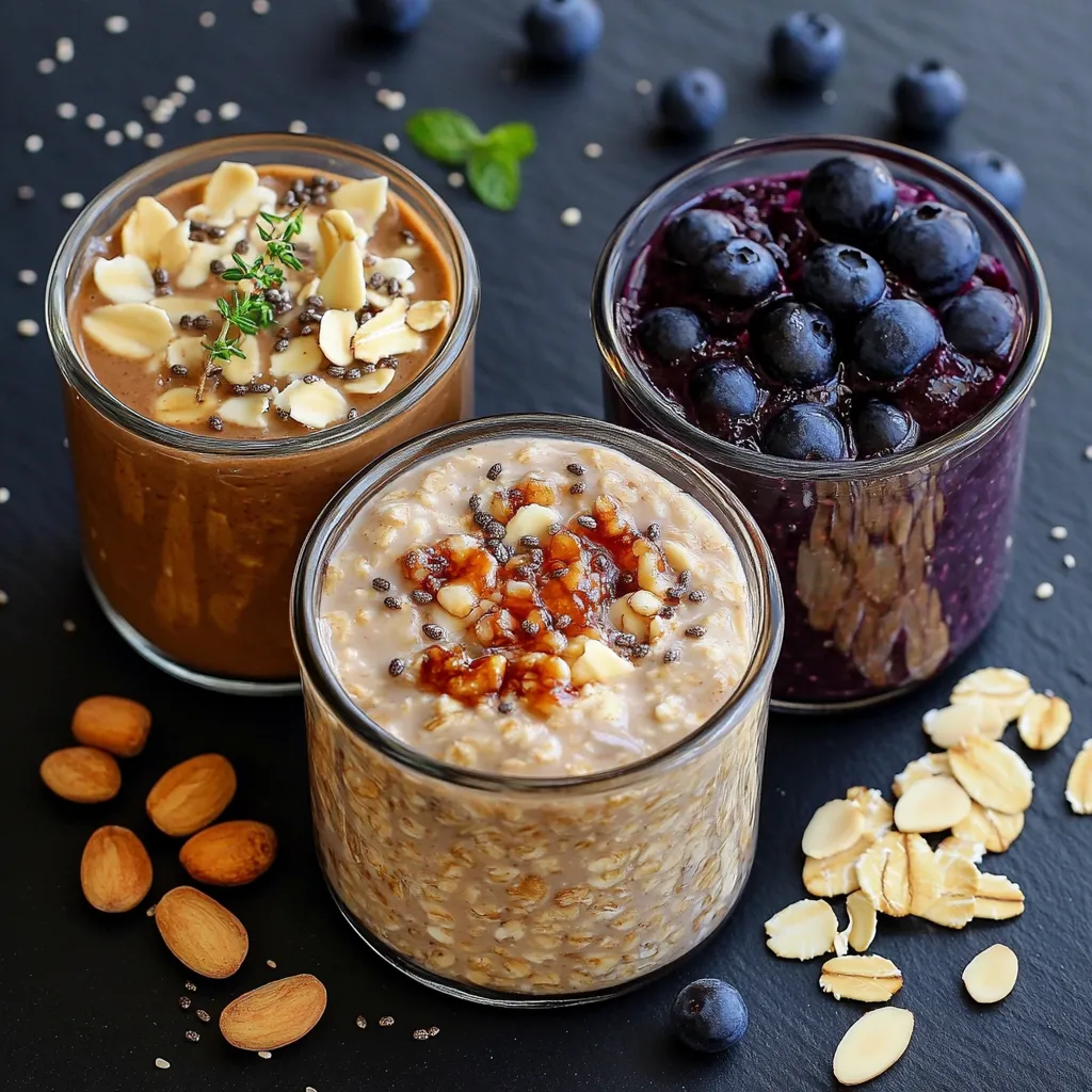 Bol de porridge aux fruits frais, pancakes à l’avoine et overnight oats au chocolat servis pour un petit-déjeuner équilibré