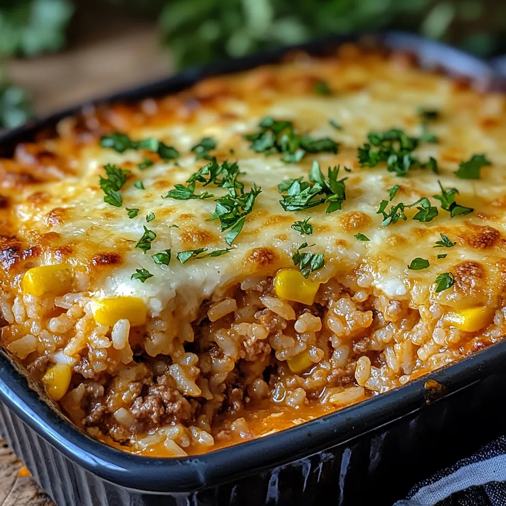 Gratin mexicain doré au riz, légumes et viande hachée dans un plat à gratin 
