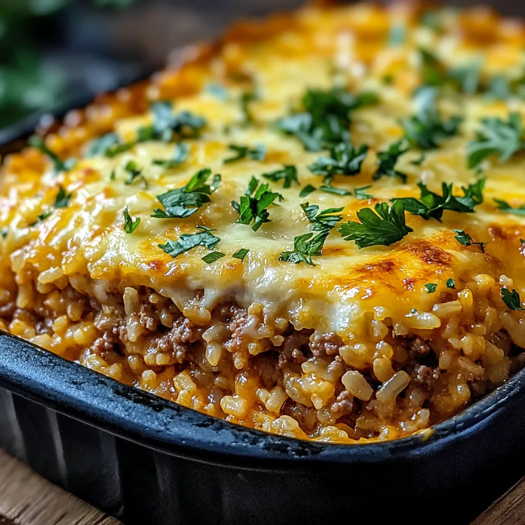 Gratin mexicain doré au riz, légumes et viande hachée dans un plat à gratin 