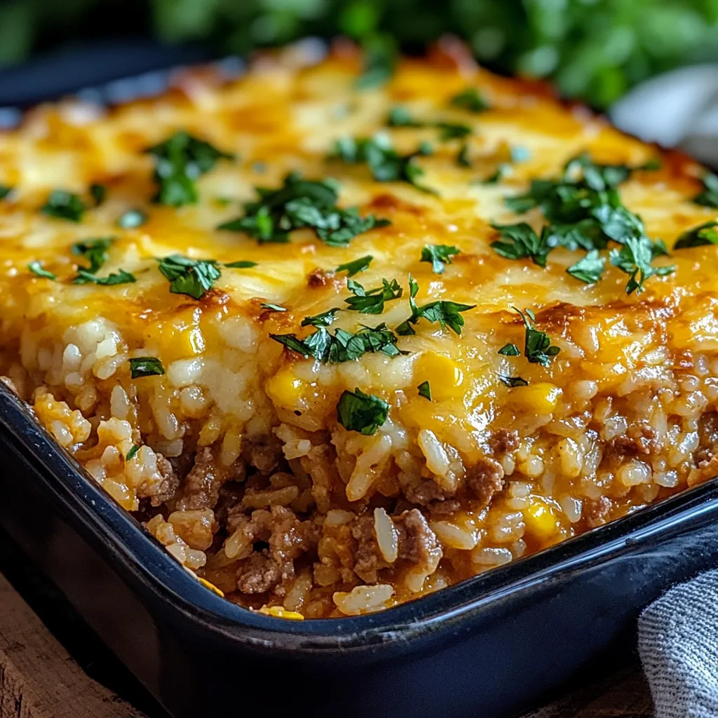 Gratin mexicain doré au riz, légumes et viande hachée dans un plat à gratin 