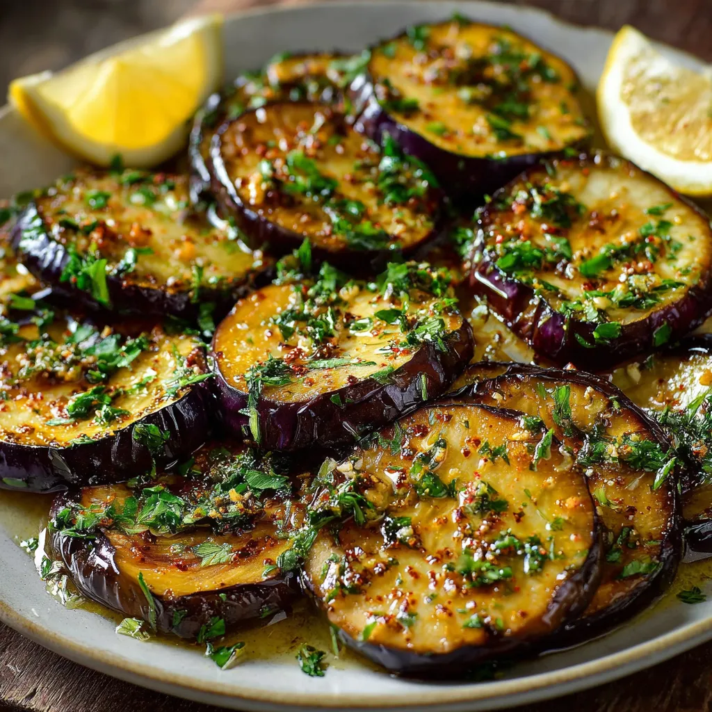 Aubergines rôties au citron et à l’ail servies avec du persil frais et des rondelles de citron sur un plat en céramique