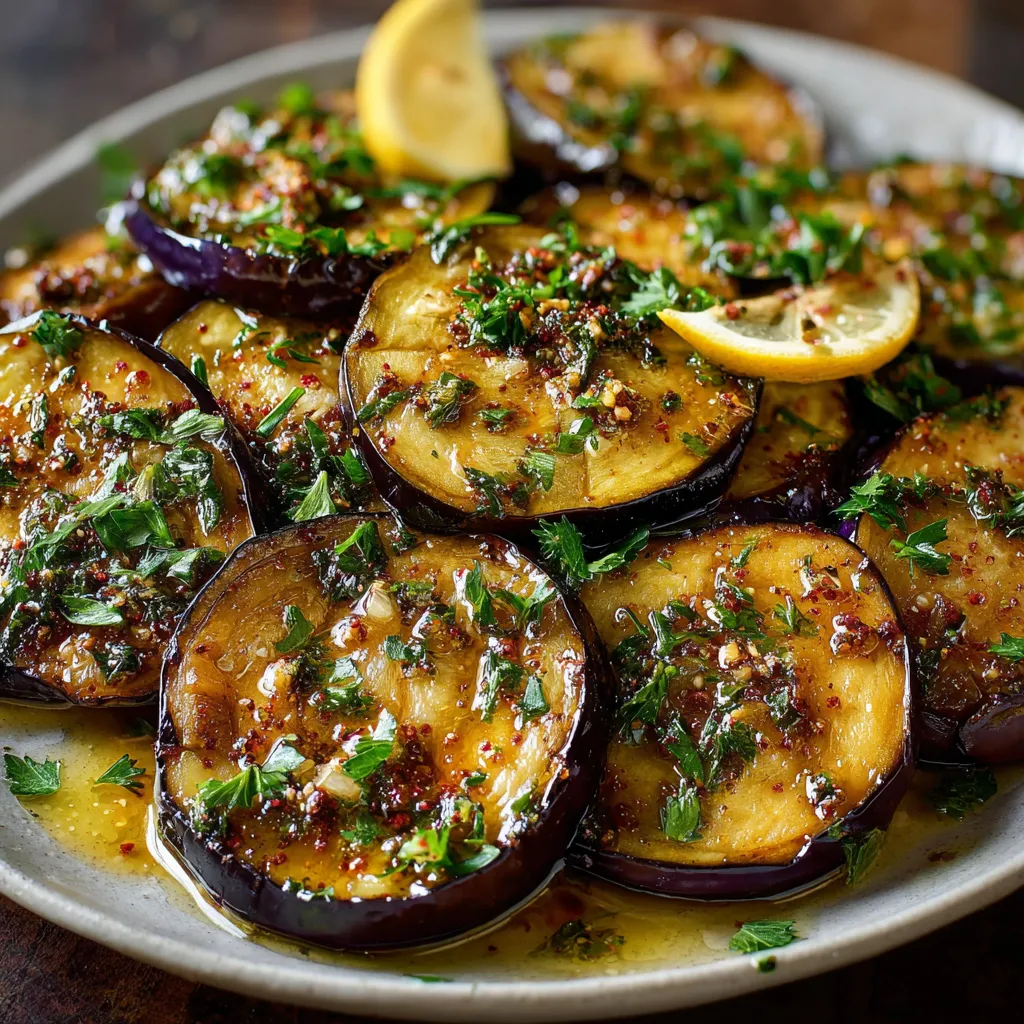 Aubergines rôties au citron et à l’ail servies avec du persil frais et des rondelles de citron sur un plat en céramique