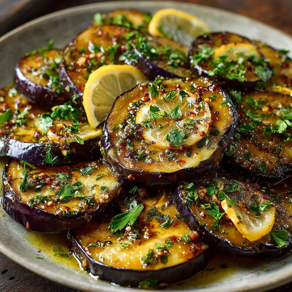 Aubergines rôties au citron et à l’ail servies avec du persil frais et des rondelles de citron sur un plat en céramique