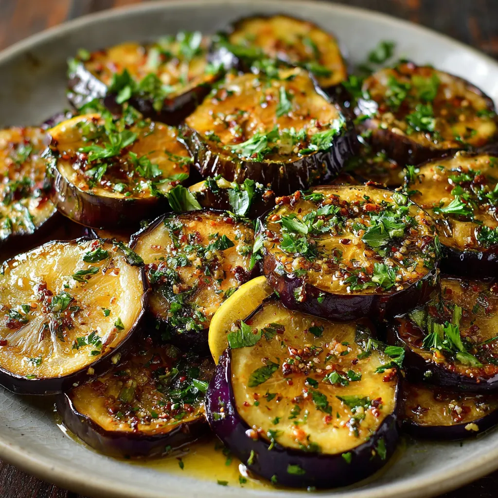 Aubergines rôties au citron et à l’ail servies avec du persil frais et des rondelles de citron sur un plat en céramique