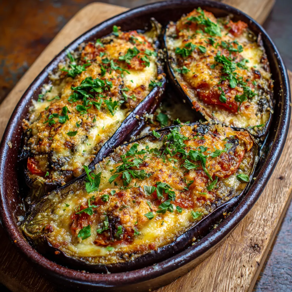 Gratin d’aubergines maison garni de mozzarella fondue et herbes aromatiques