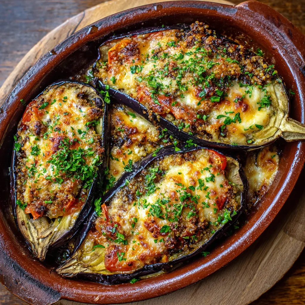 Gratin d’aubergines maison garni de mozzarella fondue et herbes aromatiques